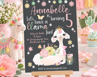 May include: A rectangular birthday invitation sign on a wooden easel featuring a dark gray background with pink text reading Annabelle is turning 5, Let's have a llama fun, event details, and a white llama illustration with flowers and a crown.