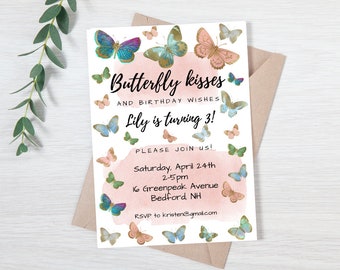 Butterfly Birthday Invitation, Watercolor Design (Digital Download)