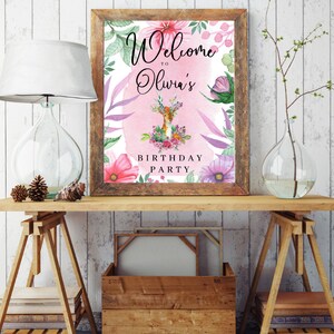 Editable Birthday Party Welcome Sign Template, Little Dear, Pink Woodland Birthday Party, Printable Digital Download, Deer, Flowers