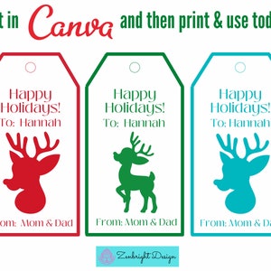 Editable Christmas Gift Tags, Holiday Gift Tags, Reindeer Gift Tags, Printable Christmas Gift tags, Christmas gift labels, Gift Enclosure