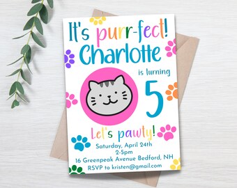 Kawaii Cat Birthday Invitation, Kitten Party (Digital Download)