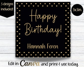 Etiqueta de presente de aniversário personalizada, cartões para crianças (modelo em tela, download digital, 7,6 x 7,6 cm)