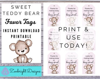 Teddy Bear Favor Tags, Printable Birthday Baby Shower (PDF & JPG)