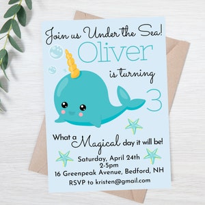 Narwal Invitation, Narwhal Birthday Party Invitation, Narwhal Party, Unicorn Whale, Nautical Party, Under the Sea Party,
