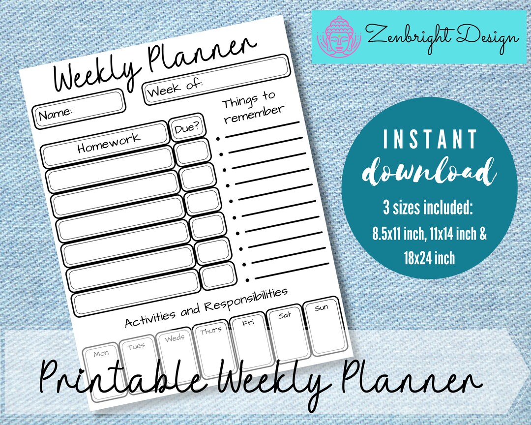 Kids Weekly School Planner Printable, Kids Homework Planner, Instant ...