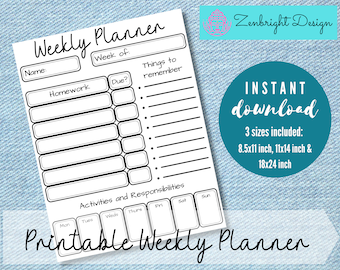 Kids Weekly School Planner Printable, Kids Homework Planner, Instant Download, Back to School, Kids Weekly Schedule, School Supplies