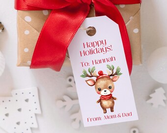 May include: A gift tag with a cute reindeer illustration and the text "Happy Holidays! To: Hannah From: Mom & Dad." The tag is attached to a wrapped gift with a red ribbon.