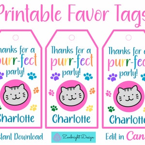 Cat Party Favor Tags, Cat Birthday, Kawaii Kitten Favor Tags, Editable Cat Favor Tags, Pet Party Favor Tags, Adopt a Pet Party Tags