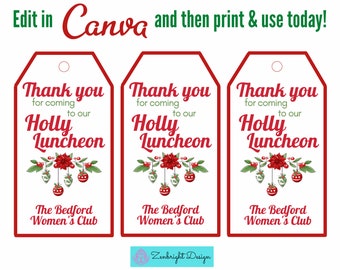 Editable Christmas Gift Tags, Holiday Gift Tags, Holly Luncheon Gift Tags, Printable Christmas Gift tags, Christmas gift labels, Holiday Tag