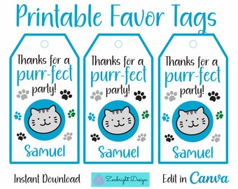 Könnte beinhalten: Drei blaue und weiße druckbare Gastgeschenkanhänger mit Katzenthema. Jeder Anhänger zeigt ein Katzen-Gesicht, Pfotenabdrücke und den Text "Thanks for a purr-fect party!" und "Samuel". Die Anhänger enthalten auch den Text "Instant Download" und "Edit in Canva".