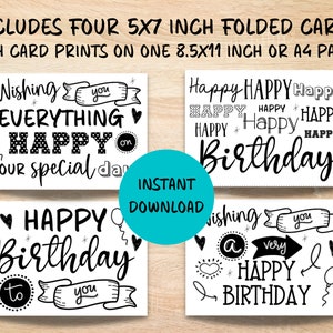 Printable Birthday Cards, Set of 4 Printable Birthday Cards, Happy ...