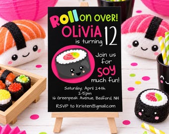 Convite de aniversário Kawaii Sushi, festa infantil editável (digital)