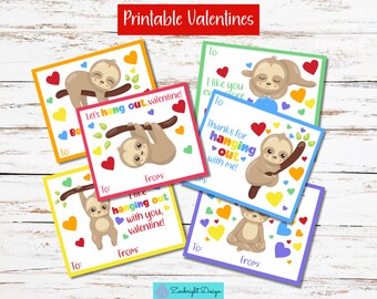 Valentijnskaarten luiaard voor kinderen, afdrukbare valentijnskaarten voor school (pdf)