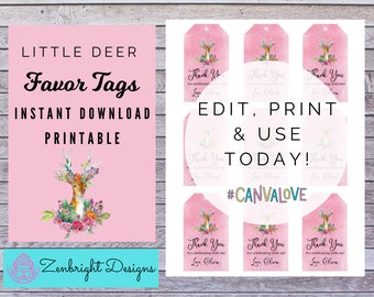 Editable Little Dear Favor Tags, Girls Woodland Birthday Party, Goodie Bag, Printable, Instant Download, Digital, Pink, Deer, Thank You