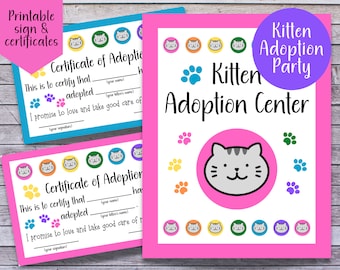 Kitten Birthday Party Printable, Kitten Adoption Party, Cat Adoption Party, Kitten Adoption Sign, Adoption Certificate, Cat Adoption Station