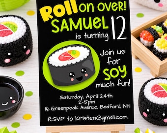 Convite de aniversário Kawaii Sushi, Festa de Sushi Infantil, Convite de Festa Infantil Editável (Digital)