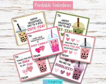 Kids Valentines, Printable Valentines, Kids Valentine's Day Cards, Kawaii Bubble Tea Valentines, School Valentines, Kawaii Valentines Cards