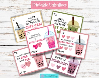 Kids Valentines, Printable Valentines, Kids Valentine's Day Cards, Kawaii Bubble Tea Valentines, School Valentines, Kawaii Valentines Cards