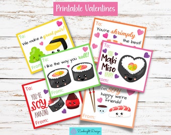 Kids Valentines, Printable Valentines, Kids Valentine's Day Cards, Kawaii Sushi Valentines, School Valentines, Kawaii Valentines Day Cards