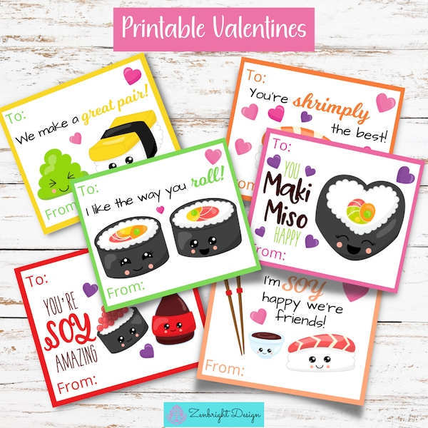 Kids Valentines, Printable Valentines, Kids Valentine's Day Cards, Kawaii Sushi Valentines, School Valentines, Kawaii Valentines Day Cards