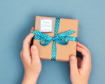 Etiqueta de presente de aniversário personalizada para imprimir, embalagem para presente infantil (download digital)
