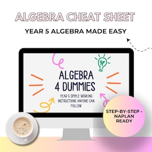 Puede incluir: Un monitor de computadora muestra "ALGEBRA 4 DUMMIES" con gráficos coloridos y el texto "YEAR 5 SIMPLE WORKING INSTRUCTIONS ANYONE CAN FOLLOW." La pantalla también muestra "STEP-BY-STEP. NAPLAN READY." Una taza de café está a la izquierda.