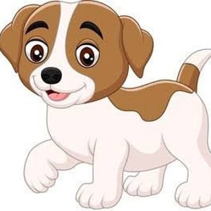 May include: A cartoon illustration of a brown and white puppy with big brown eyes and a happy expression. The puppy is standing on all fours with its tail wagging.