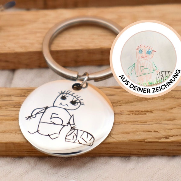 Schlüsselanhänger personalisiert mit deiner Zeichnung Edelstahl | Kinderzeichnung | Geschenk Mama Papa | Vatertag | Muttertag | Geburtstag