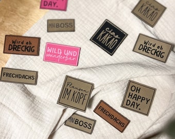 Kunstleder Label Kind | Labels | Label zum Nähen | Sprüche | Ciao Kakao | Mini Boss | Frechdachs | braun | pink | schwarz | Patch | Aufnäher