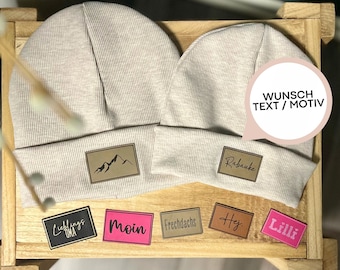 Hipster Beanie mit Namen oder Motiv | Mütze Kinder & Erwachsene | gerippte Beanie | personalisiert | Kunstleder Label