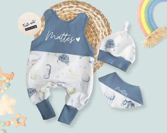 Strampler Unterwasserwelt für Babys | Unisex | Newborn Set | Geschenk zur Geburt mit Mütze, Halstuch & Wickelleiste | personalisiert