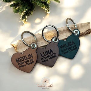 Hundemarke geräuschlos | Gravur | personalisiert Leder | Herz | Echtleder | Telefonnummer | Name | leicht | Wasserfest | klimperfrei | leise