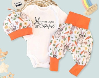 Baby Set Ostern - Pumphose, personalisierter Body und Mütze mit süßem Hasen-Motiv | Osterhase | Mitwachshose | Kinderhose | Babyhose