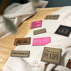 Kunstleder Label Kind Labels Label zum Nähen Sprüche Ciao Kakao Mini Boss Frechdachs braun pink schwarz Patch Aufnäher Bild 2