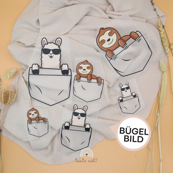Taschentiere Bügelbild | Taschentier zum Aufbügeln | Lama | Alpaka | Faultier | Funshirt | Tier Bügelbild
