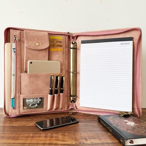 Porte-documents gravé à 3 anneaux, porte-documents en cuir végétalien pour femme, classeur de portefeuille A4 pour homme, cadeau personnalisé d'anniversaire de mariage