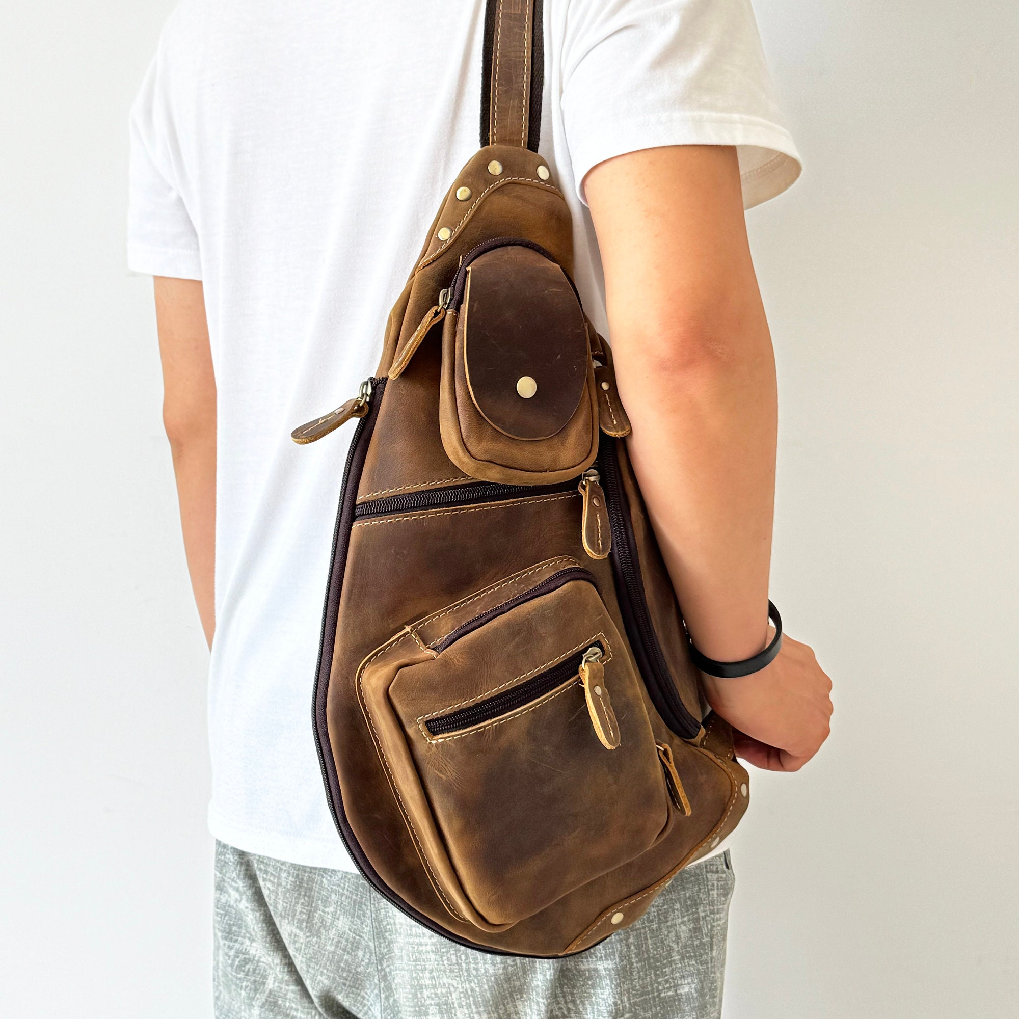 Genuine Leather Large Sling Backpack Crossbody Chest Bag Retro Minimal Chic Genuine Leather Silng Bag for Men and Women Vintage Leather  main image 4