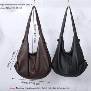 May include: Two hobo-style shoulder bags in dark brown and black with a textured finish. Dimensions are 17.32 inches wide by 14.17 inches high, with a 11.81-inch strap drop. The detachable shoulder strap measures 47.24 inches in total length.