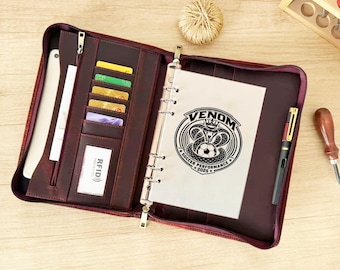 Custom A5 Leather Portfolio 6 Ring Binder,  Zipper Journal Engraved Planner, Refillable Notebook Cowhide Cover