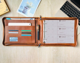 Custom 3 Ring Check Binder Portfolio -Leather Check Binder with Zipper, Personalized Pilot log Book, Pilot Journal for Letter Size Paper
