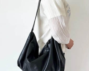 Soft Vegan Leather Large Capacity Black Shoulder Bag, Dumpling Bag Casual Crossbody Bag Messenger Tote Bag, Gift Bag for Shopping Work Trip
