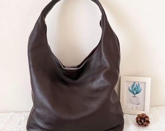 Soft Real Leather Hobo Bag, Slouchy Shoulder Tote, Lined Handbag for 13 inch laptop