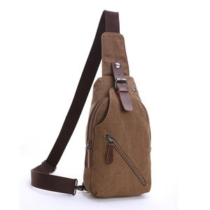 Men's shoulder Canvas Bag Retro Chest Bag with Leather, Crossbody Bag Backpack Bag Unisex Bag for Travel, Waterproof Men's Bags Gift for Him image 3