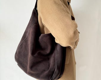 Women's Suede Leather Hobo Bag, Large Slouchy Shoulder Tote Handbag, fit 14" laptop