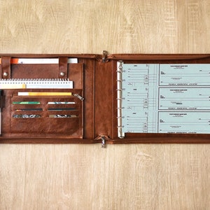 Carpeta de cheques personalizada de 7 anillas - Carpeta de cuero con cierre de cremallera - Capacidad para 600 cheques - Hojas de 23 x 33 cm - Organizador de documentos y tarjetas