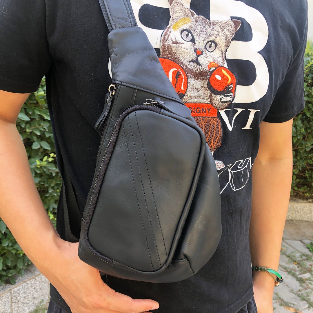 Men's Genuine Leather Sling Chest Bag Crossbody Bag Multiple Pocket  Shoulder Bag