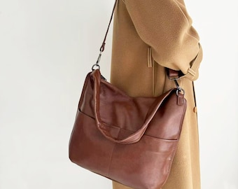 Soft Leather Hobo Bag, Slouchy Crossbody, Large Tote Shoulder Handbag, Fits 13" Laptop