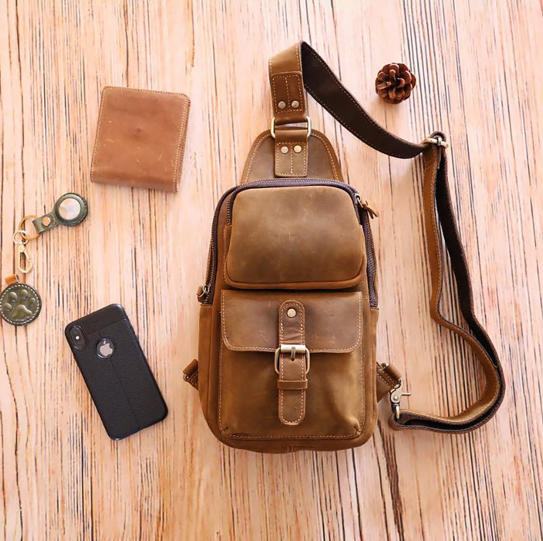 Buy Personalized Leather Sling Bag, Men's Chest Bag With Adjust