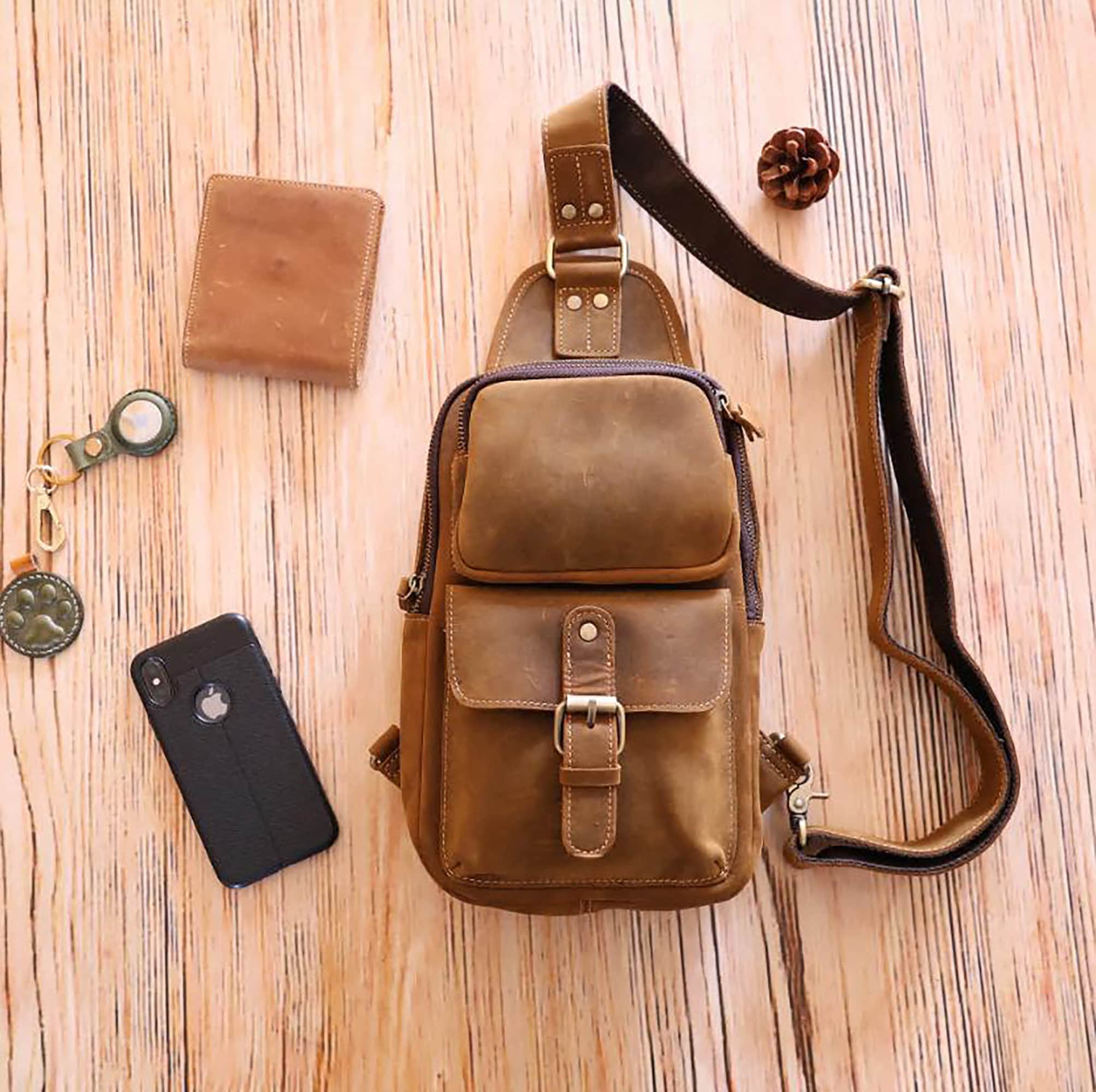 Personalized Leather Sling Bag Men s Chest Bag With Adjust Strap Men s Shoulder Bag Travel Bag Daypack Leather Crossbody Bag With Name Etsy