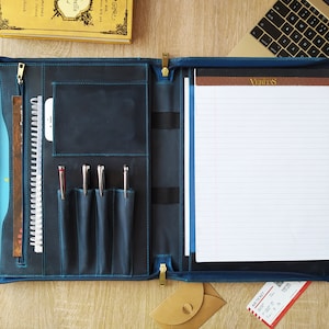 Custom Leather Portfolio Letter Size Organizer Folders, Zippered Leather Portfolio Leather Padfolio Men A4 Holder Document Bag for Father